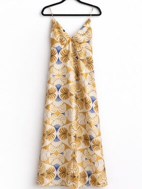 Zara Mustard Print Slip Maxi Dress Boho Resort Vacation Size S
